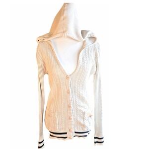 80s/90s‎ VTG Chevignon Cardigan Womens M Hooded Cable Knit Button Stripe Trim